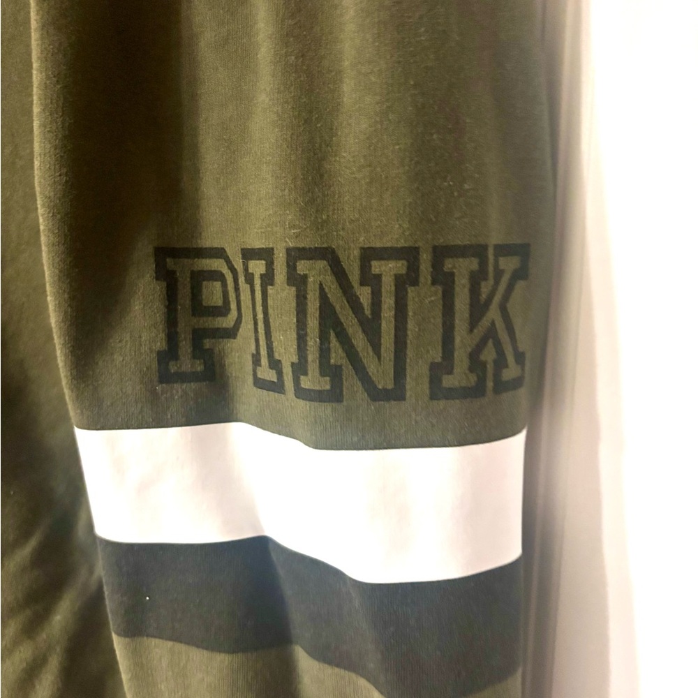 PINK Victoria's Secret Ultimate Zip Up Hoodie Olive Green Varsity Stripe L - Picture 6 of 8